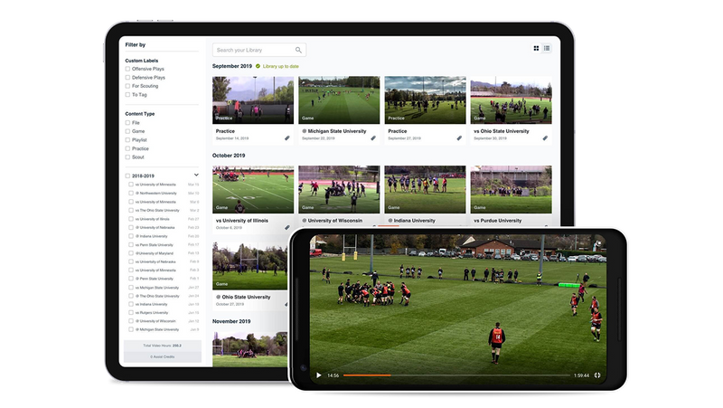 Hudl Rugby 映像ライブラリを映すタブレットとモバイルデバイス