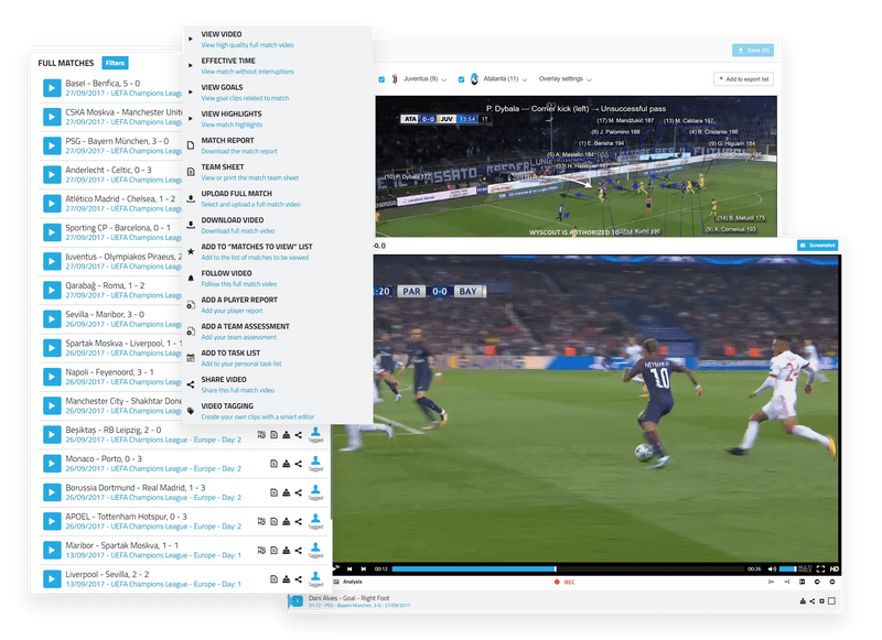 Wyscout product shots including video library, match scores and video tagging