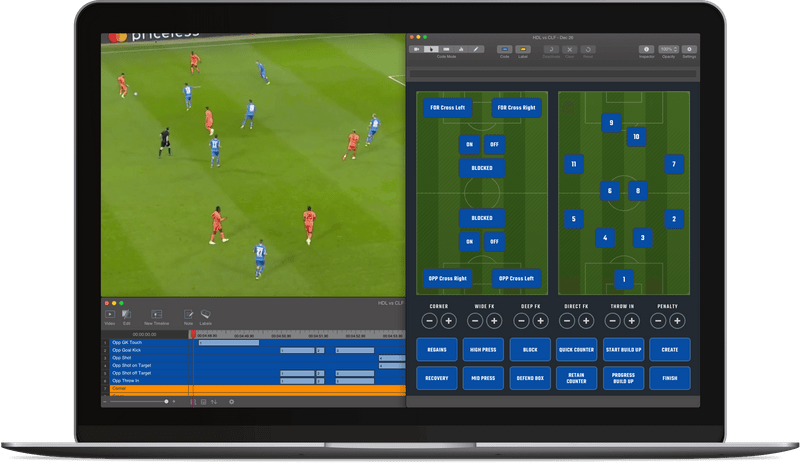 Pro Suite の一部である、サッカーの試合のスタッツを表示する Sportscode ダッシュボード